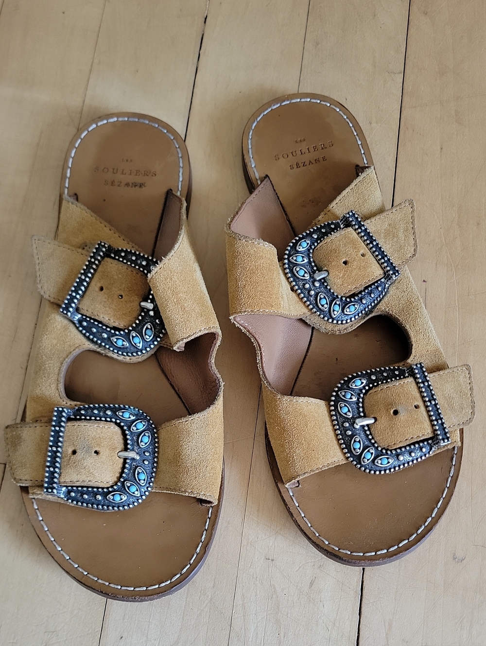 Sezane Jade Low Mules Tan Suede Slide Sandals with Silver Turquoise Buckles - 37 - Picture 3 of 13
